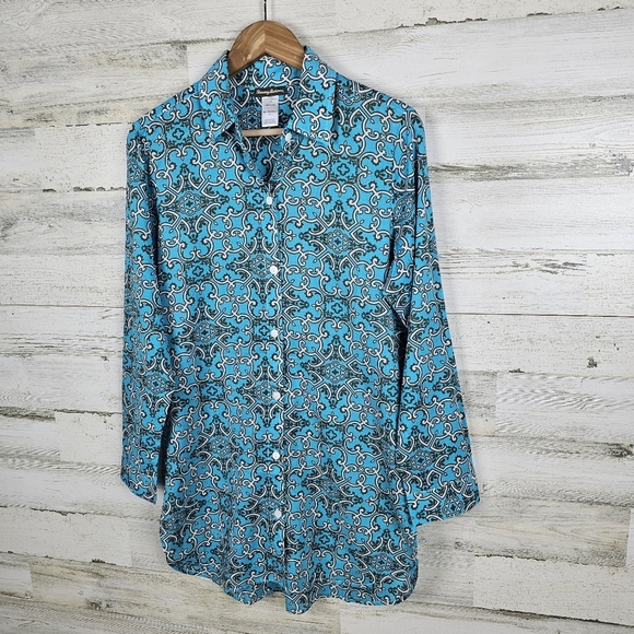Tommy Bahama Turquoise Cotton Button Up Shirt Blue Boho Coastal Resortwear M - Picture 4 of 16